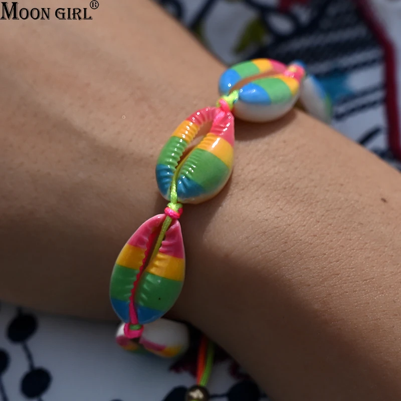 Женский браслет из ракушек Puka летний ручной работы в стиле бохо с узелком и Луной