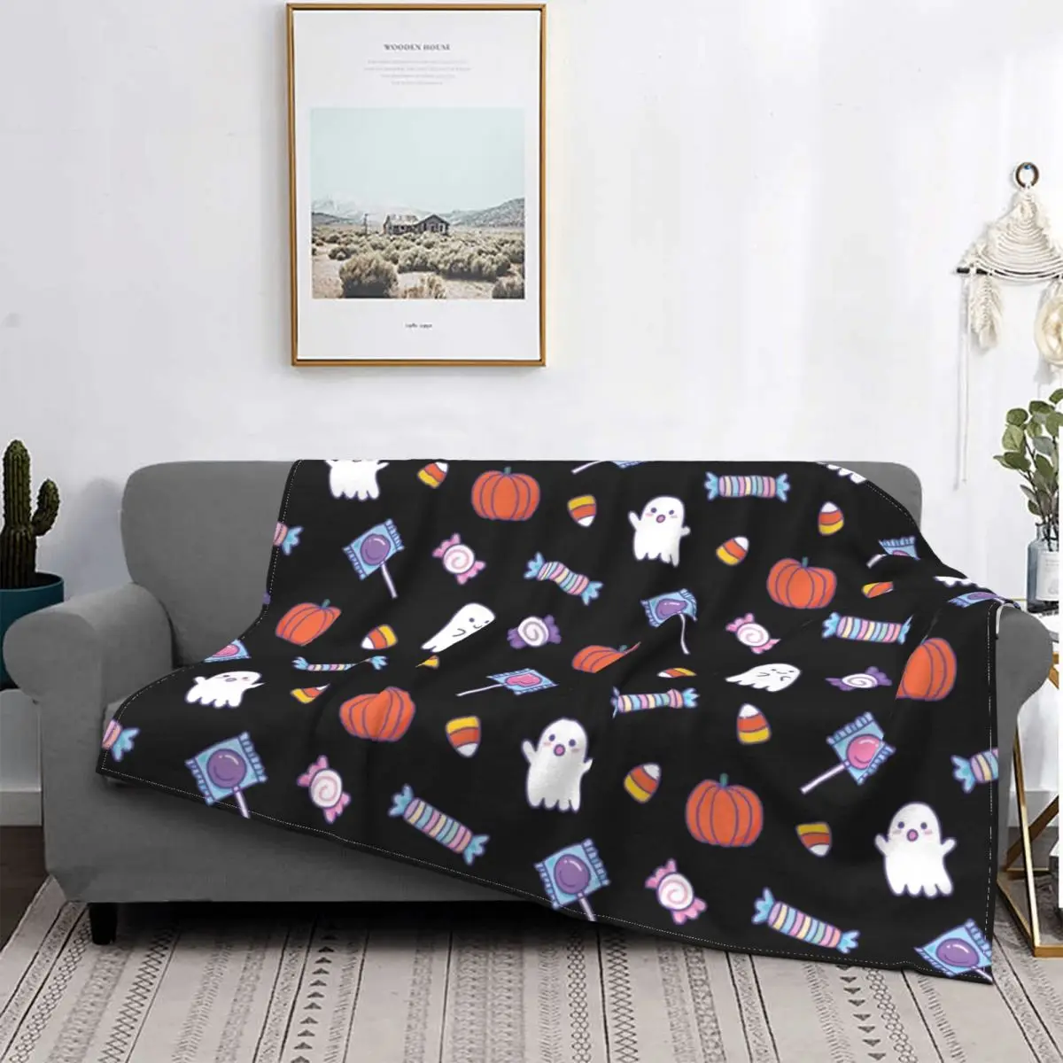 

Cute Spoopy Ghosts Fuzzy Blankets Halloween Candy Thanksgiving Awesome Throw Blankets Bed Sofa Couch 125*100cm Plush Thin Quilt