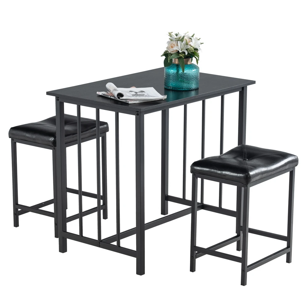 

3Pcs Bar Style Dining Table Chair Set for 2 Include 1 Table and 2 Stools Mufti-Functional MDF Metal Wooden&Black[US-Stock]