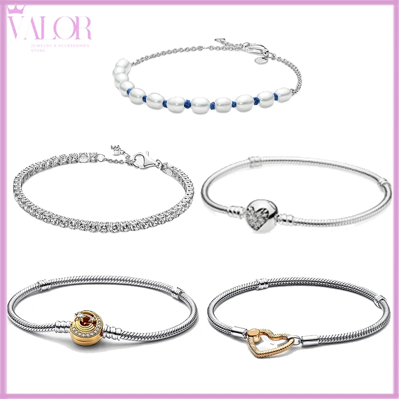 

European And America 925 Silver Two-tone Meteor Clasp Sparkling Heart Closure Pearl Blue Cord Chain Casual Bracelet For Women