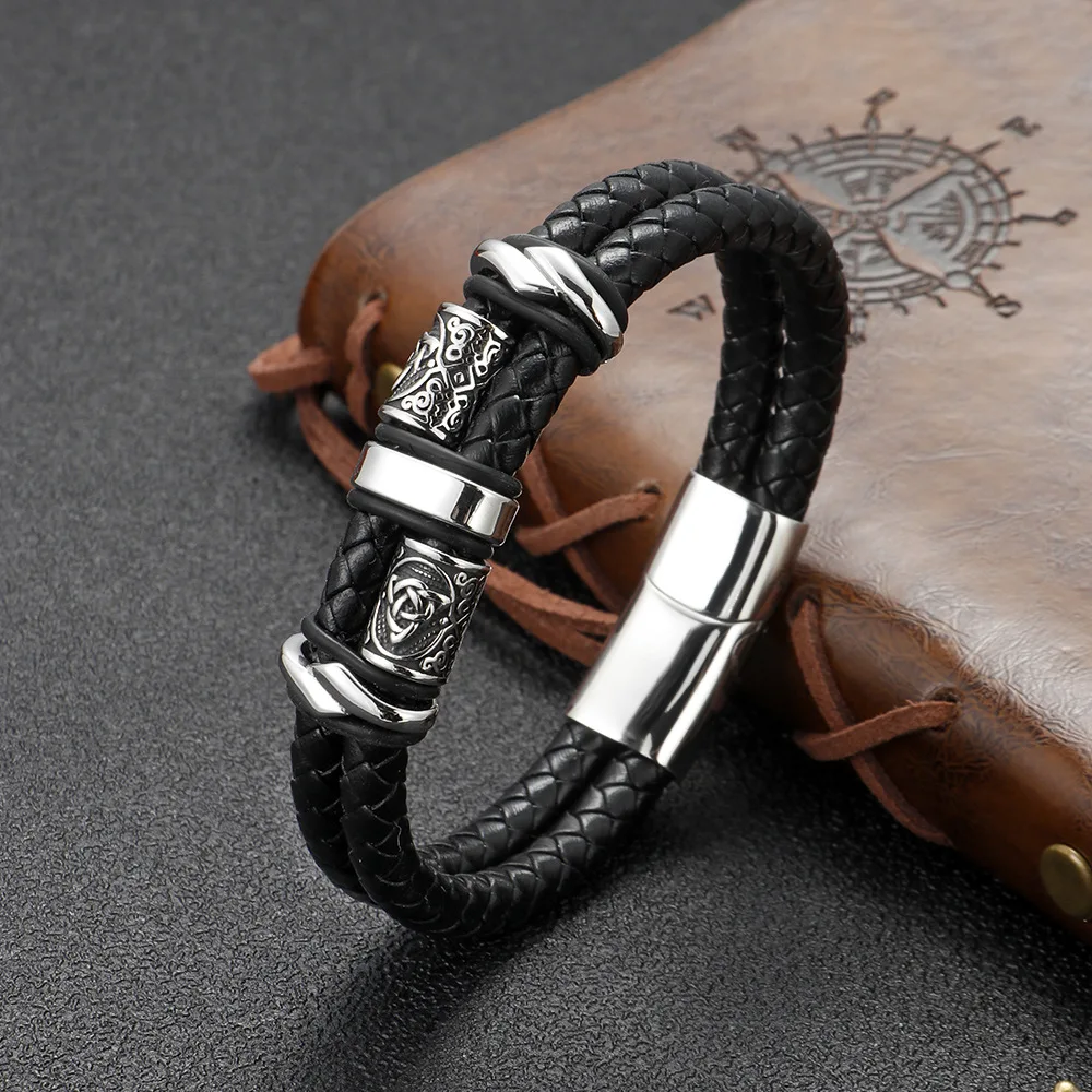 

Luxury Trendy Genuine Leather Compass Bracelet Stainless Steel Men's Bracelet Bracelet Ketel Knot Bangle Lover Gift