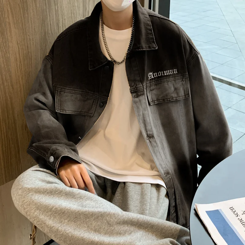 

Мужская куртка в американском стиле Privathinker, винтажная Повседневная Свободная куртка из джинсовой ткани, с градиентным переходом цвета, с отложным воротником, 2023