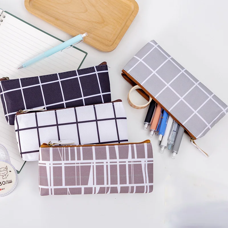 

Canvas Geometric Pencil Bag Case School Simple Striped Grid Solid Color Cute Pencil Bag Case Pouch Office Students Kids Supplies
