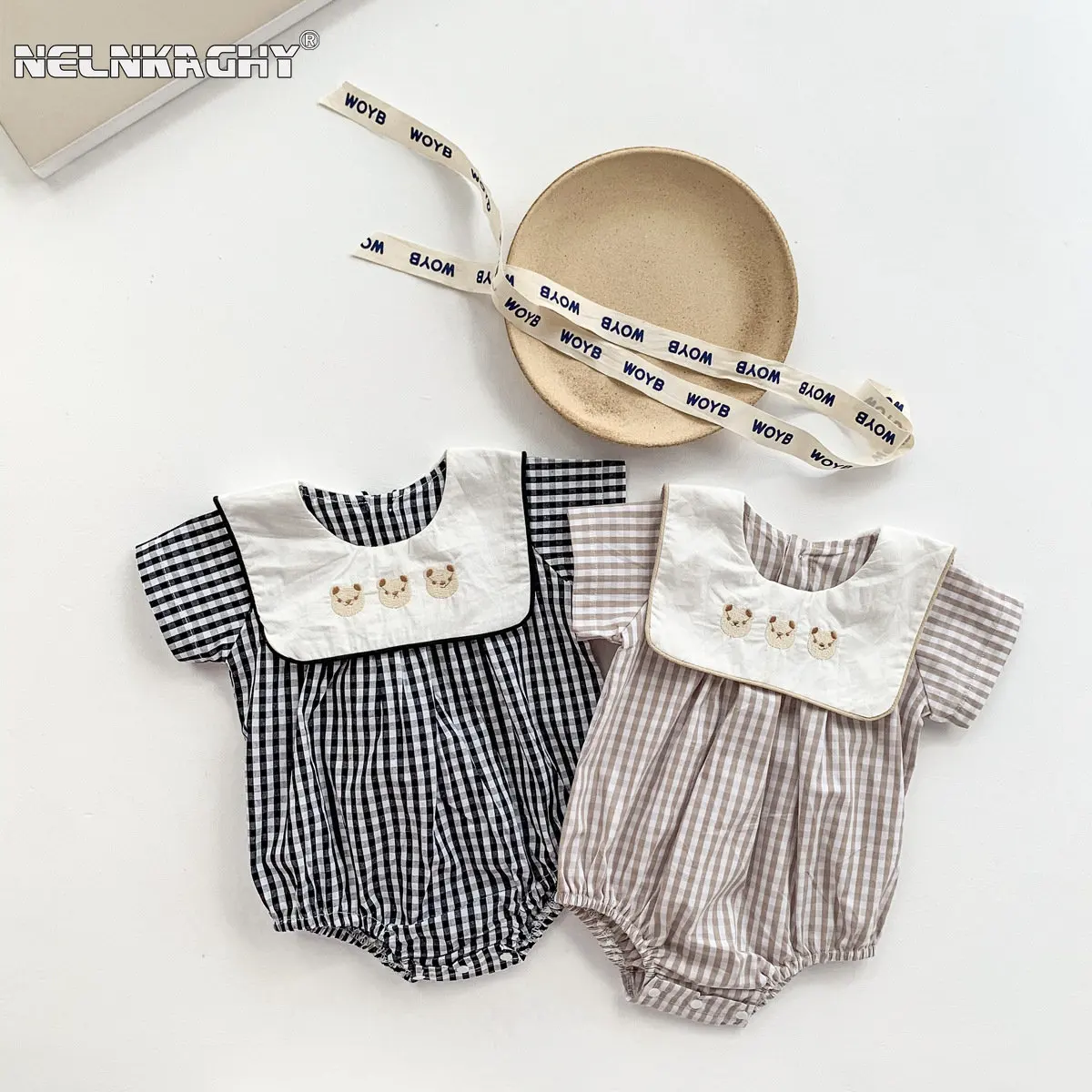 NEW IN Summer Infant Newborn Baby Girls Short Sleeve Cute Bear Embroidery Plaid Outwear Kids Jumpsuits Cotton Bodysuits
