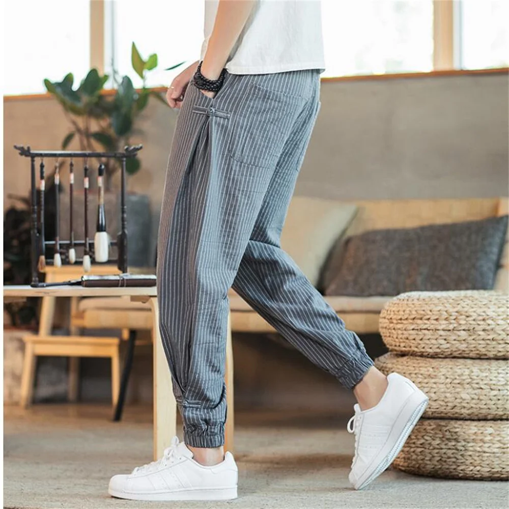 

Мужские дышащие шаровары из хлопка и льна, с пряжкой