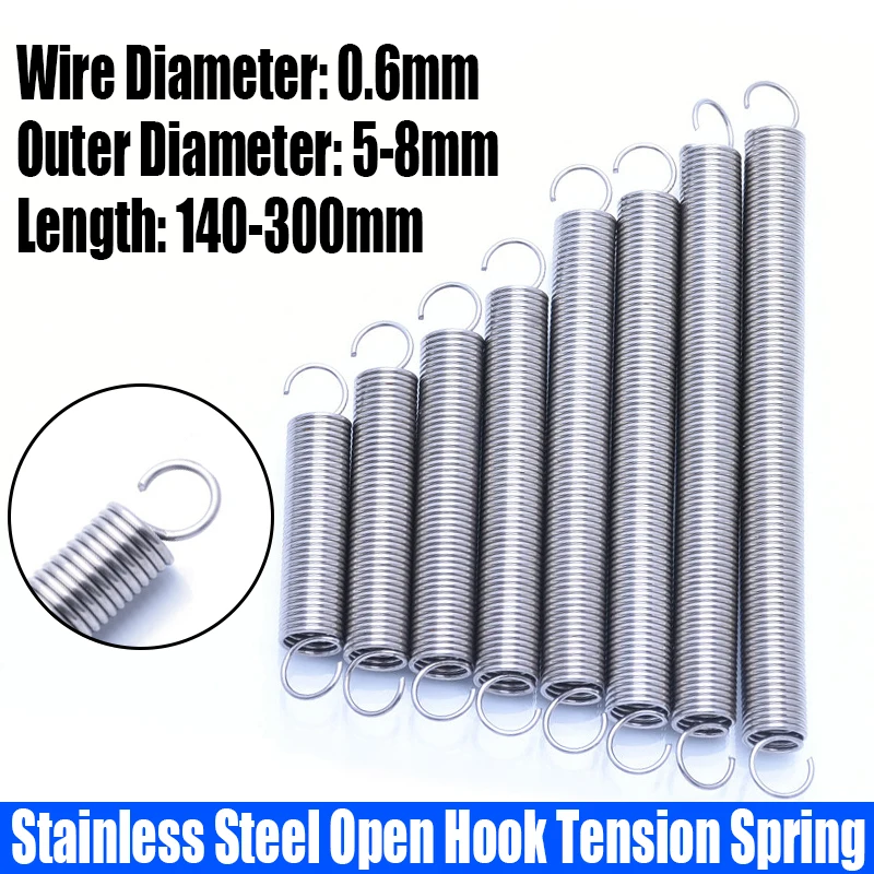 

1/2PCS 0.6mm Wire Dia 304 Stainless Steel Open Hook Tension Spring S Hook Extension Spring Coil Pullback Spring L=140-300mm