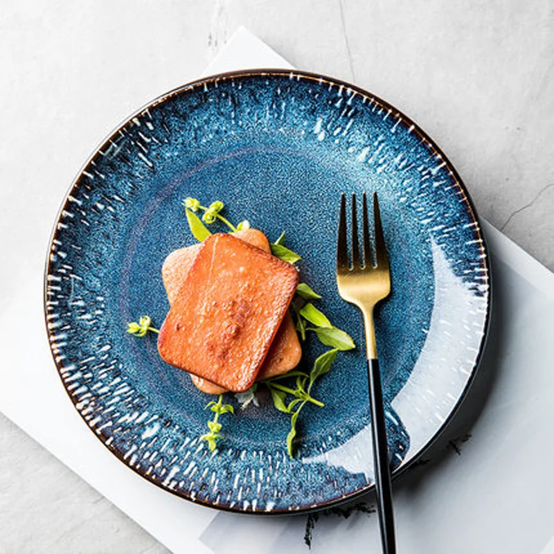 

FANCITY Household blue plate creative ceramic plate round plate Nordic flat plate Western plate steak plate personalized tablewa