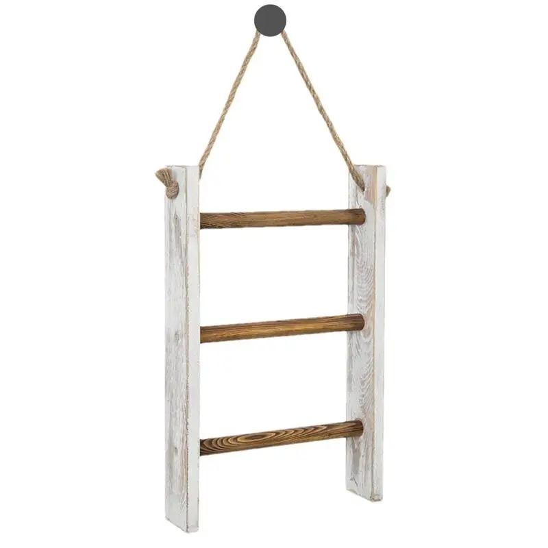 

Blanket Ladder 3-Tier Towel Racks For Bathroom Hand Towel Ladder With Rope Decorative Wooden Bathroom Towel Rack Ladder And Hook