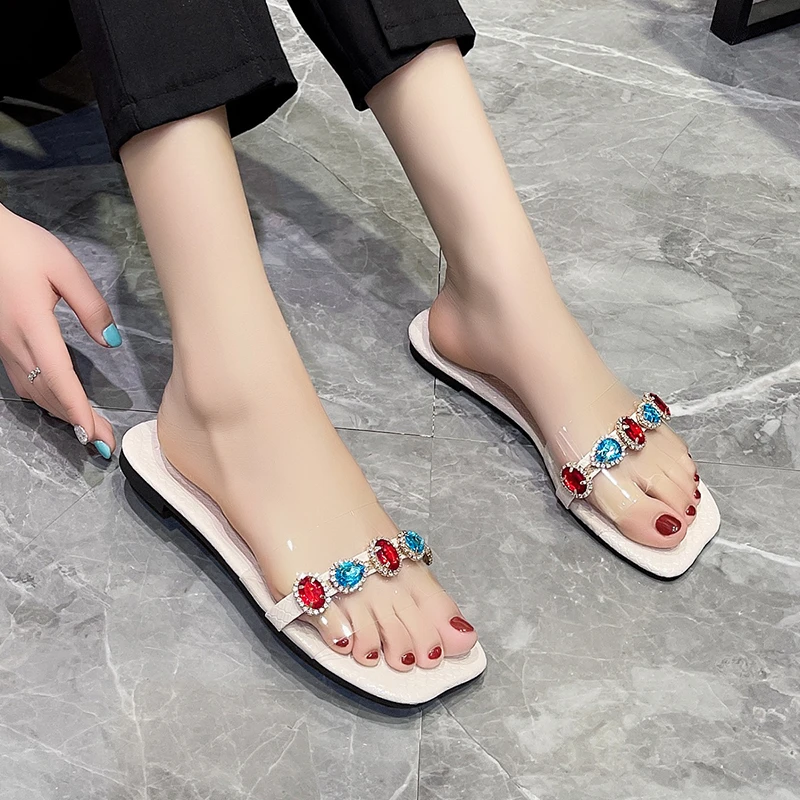 

Women's Luxury Crystal Sandals 2022 New Summer Fashion PVC Transparent Beach Flats Shoes Slippers Ladies Slides Zapatos De Mujer