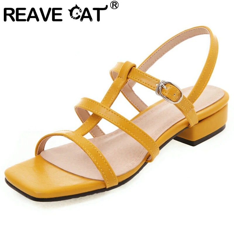 

REAVE CAT 2022 Women Sandals Open Toe Low Heels Straps Upper Casual Style Daily Shoes Big Size 28-50 Apricot Green Summer S3532