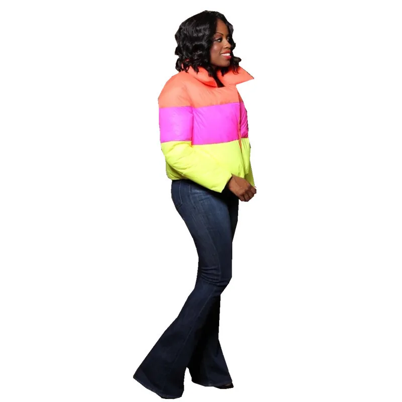 Wishyear 2023 Neon Patchwork Fashion Cropped Puffer Jacket Women Winter Clothes Warm Bubble Coat Trendy Street Outwear y2k