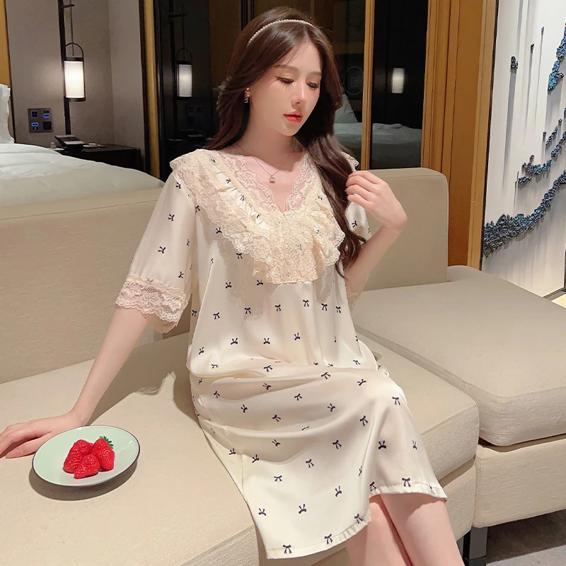 Funishi Ice Silk Nightdress Sweet Summer Pajamas lace Princess Style Cute Sexy Sleepwear пижама женская