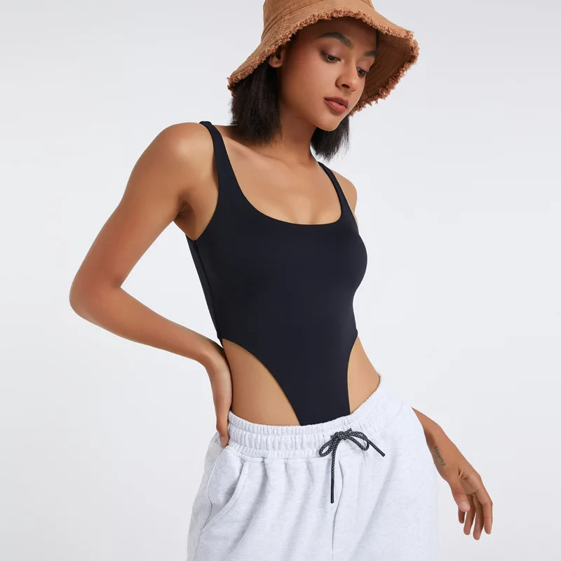 SHINBENE Naked Feel Backless Jumpsuits for Women Sleeveless Dancer Bodysuits Cozy Yoga Sports Fitness Outfits with Chest Pads