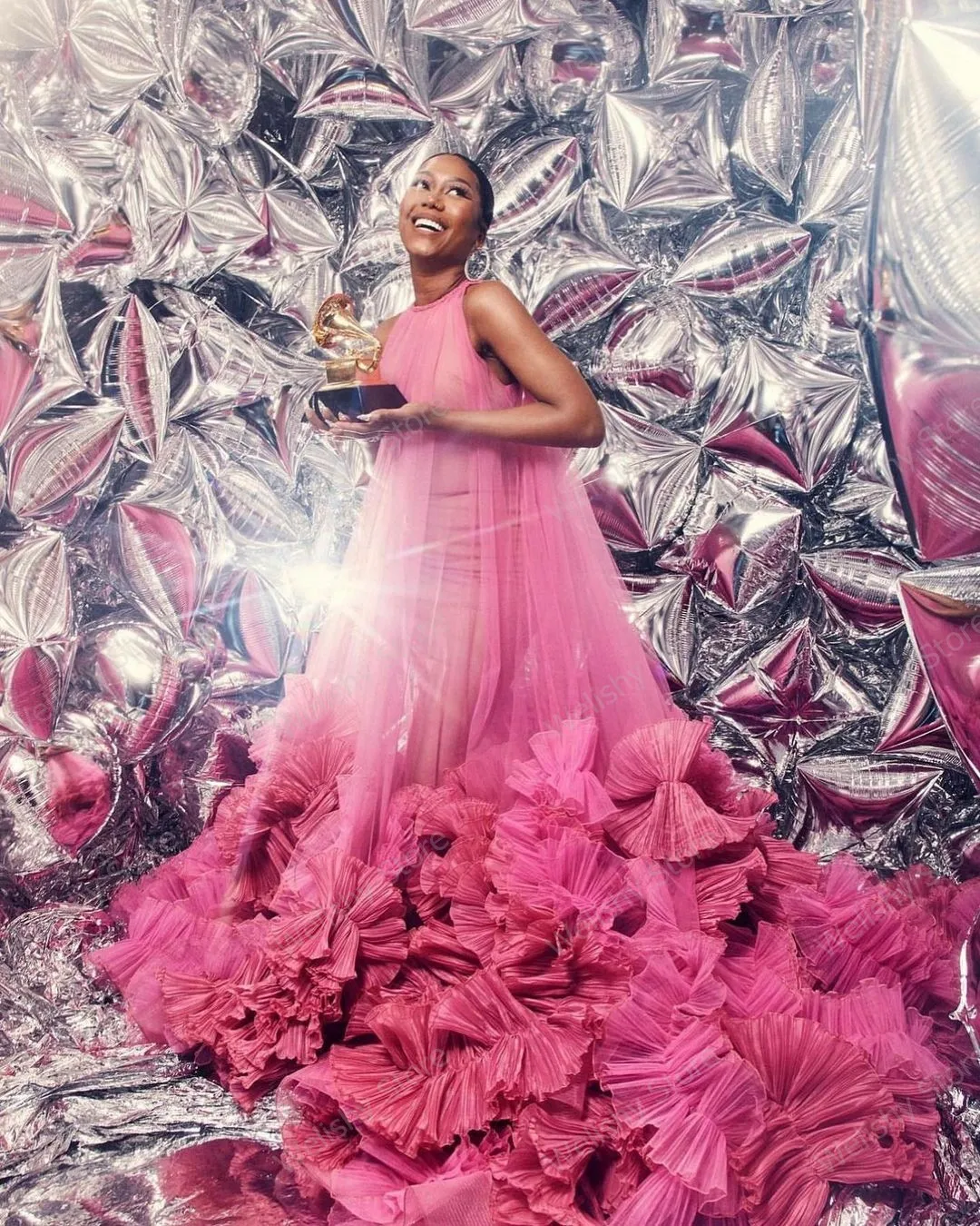 Женское прозрачное Тюлевое платье розово-красное Очаровательное с оборками