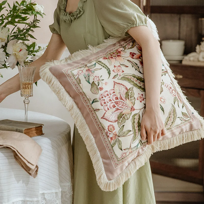 Decorative Pillows for Sofa Coral Pink French Retro Flower Deluxe Velvet Home Pillow Cute Tassel Ornamental Cushion Living Room