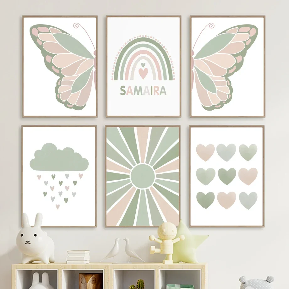 Радужная Бабочка Солнечный свет Дейзи сердце Имя под заказ шалфей зеленый постер