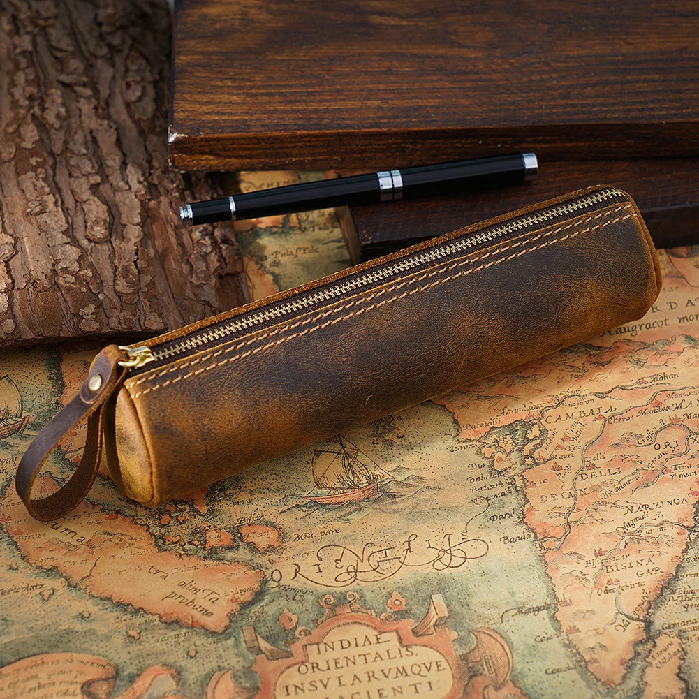 

Vintage Leather Stationery Pencil Case First Layer Cowhide Crazy Horse Leather Handmade Coin Purse Student Stationery Storage