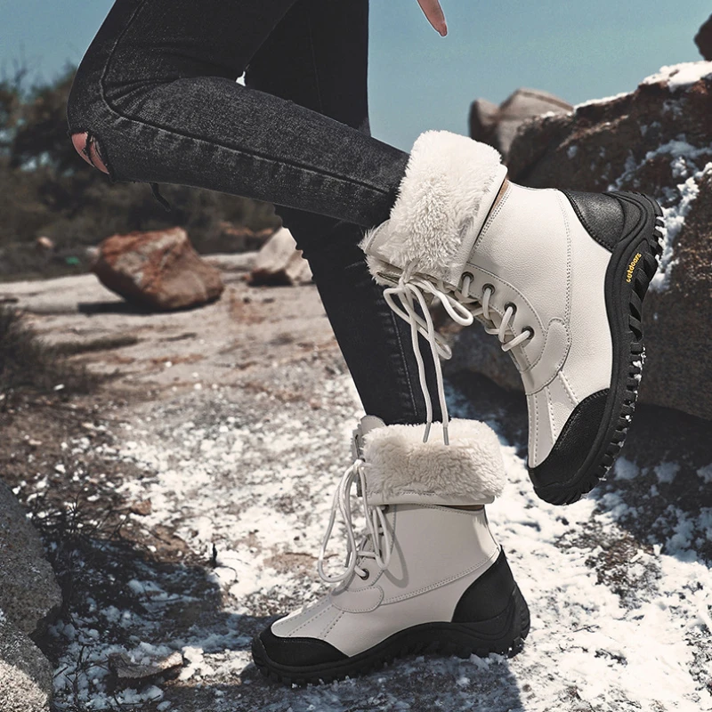 Women's Mid-calf Snow Boot Waterproof Leather Thick Plush Outdoor Boot Anti-Skid Outdoor Ski Hiking Winter Shoe Large Size 36-42