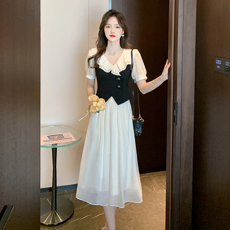 

Женский дизайнерский костюм из двух предметов, корейский костюм с длинной юбкой, топ с коротким рукавом с оборками и шифоновая юбка, лето 2023