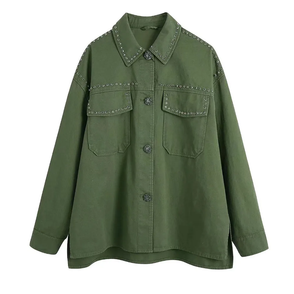 

PB & ZA2022 Spring and Autumn new light khaki fashion loose casual all-match beaded rivet cotton shirt denim coat