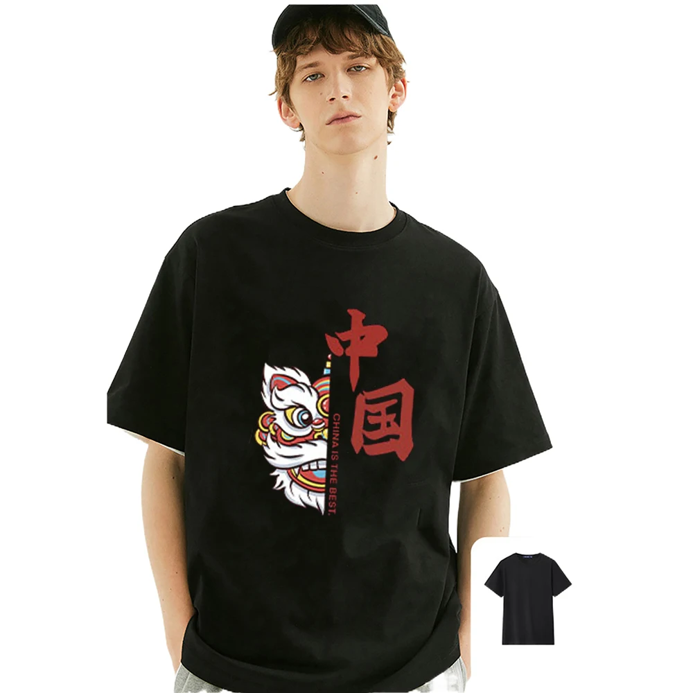

China Character And Lion Dance Print Men's T-Shirt 2023 Summer Fashion Original Design Cotton Crewneck Short Sleeve Tops