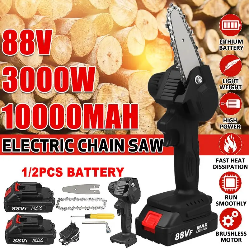

3000W 4 Inch 88V Mini Electric Chain Saw With 2 Battery Rechargeable Woodworking Pruning Chainsaw One-handed Garden Power Tools