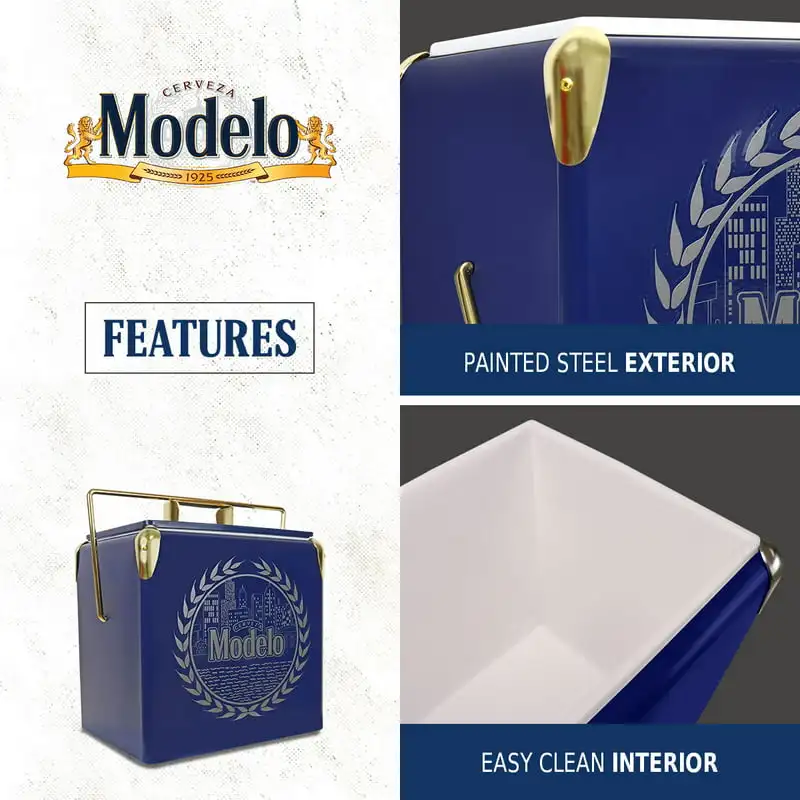 

Ice Chest Cooler with Bottle Opener 13L (14 qt), 18 Can Capacity, Blue and Gold, Vintage Style Ice Bucket for Camping, Beach, Pi