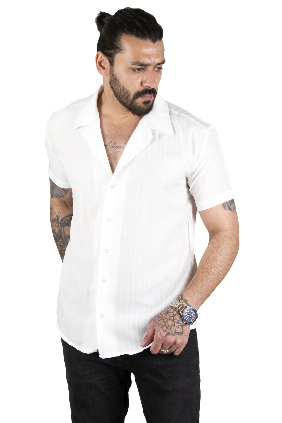 

Мужская приталенная рубашка DeepSEA в Вертикальную Полоску, из лайкры, с короткими рукавами, 2201900