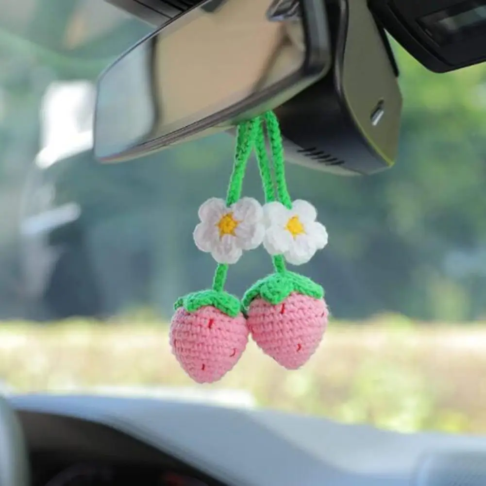 

Car Interior Pendant Flowers Vivid Cute Strawberries Rearview Mirror Pendant Crocheted Rearview Mirror Pendant Vehicle Decor