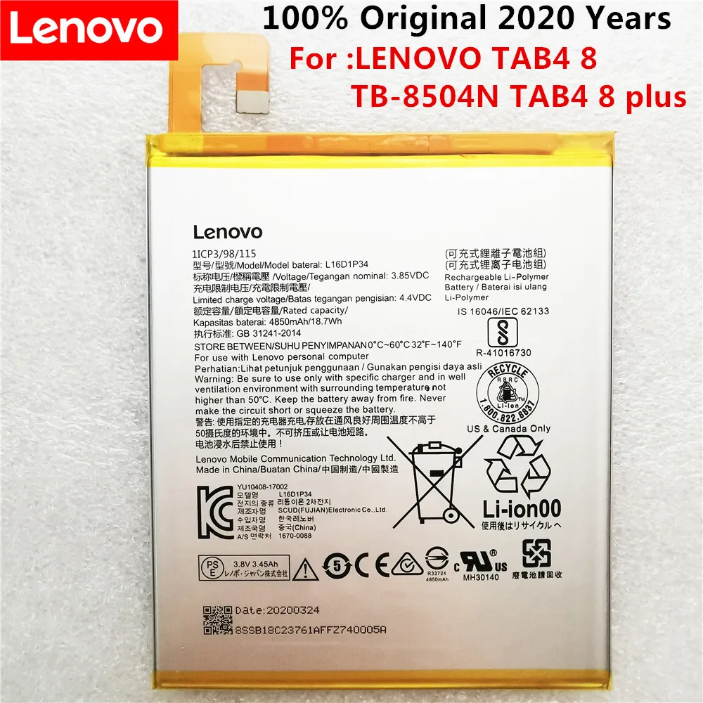 

4850mAh/18.7Wh 3.8V L16D1P34 Replacement Battery For LENOVO TAB4 8 TB-8504N TAB4 8 plus Li-ion Bateria Li-Polymer Batterie