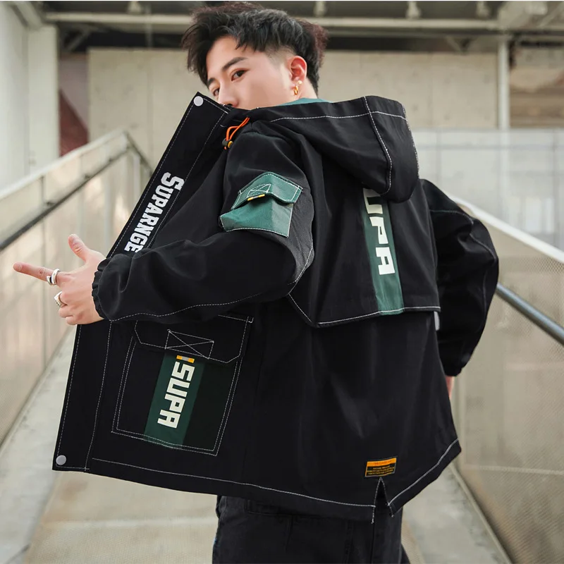 

Men's Fashion Patchwork Hooded Jacket 2021 Spring Autumn Letter Print Wind Breaker Jacket Men Korean Clothes Windbreaker