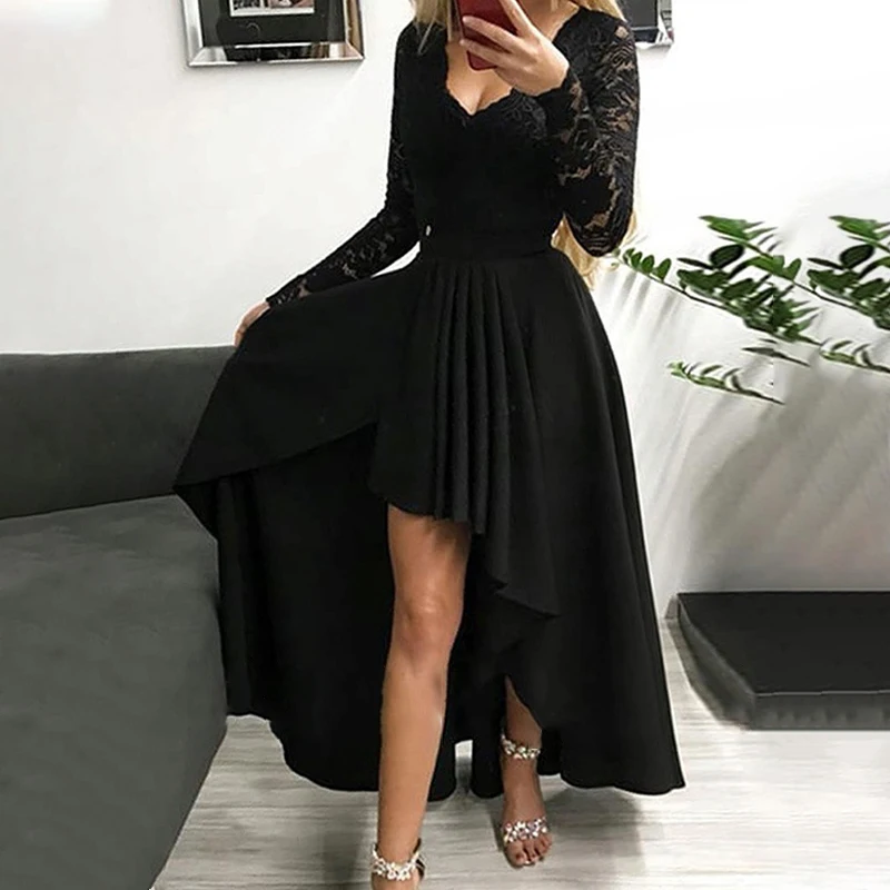 

Spring Autumn Women Sexy V-neck Lace Long Sleeve Dress Bright Dress Dress Sexy Club Party Bare Legged Dinner Asymmetrical Dress
