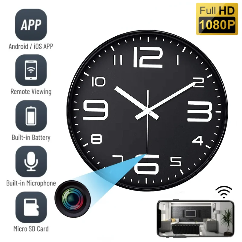 

1080P Clock Cam Wifi HD Mini Camera Wall Clock Camera Home Security Camera Nanny Cam Support Mobile Phone Remote Viewing Max128G