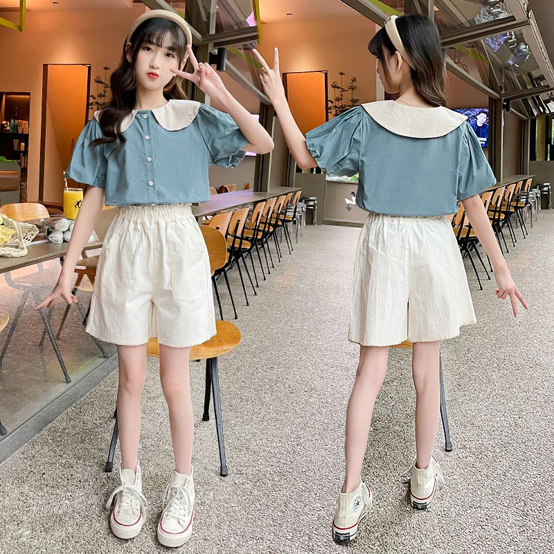 

2022 Summer Kids Baby Girl Clothes Set Doll Collar Short Sleeve Shirt and Short Teenager Children Clothing Tracksuit