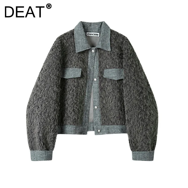 DEAT женское пальто однобортное элегантное с отложным воротником свободные серые