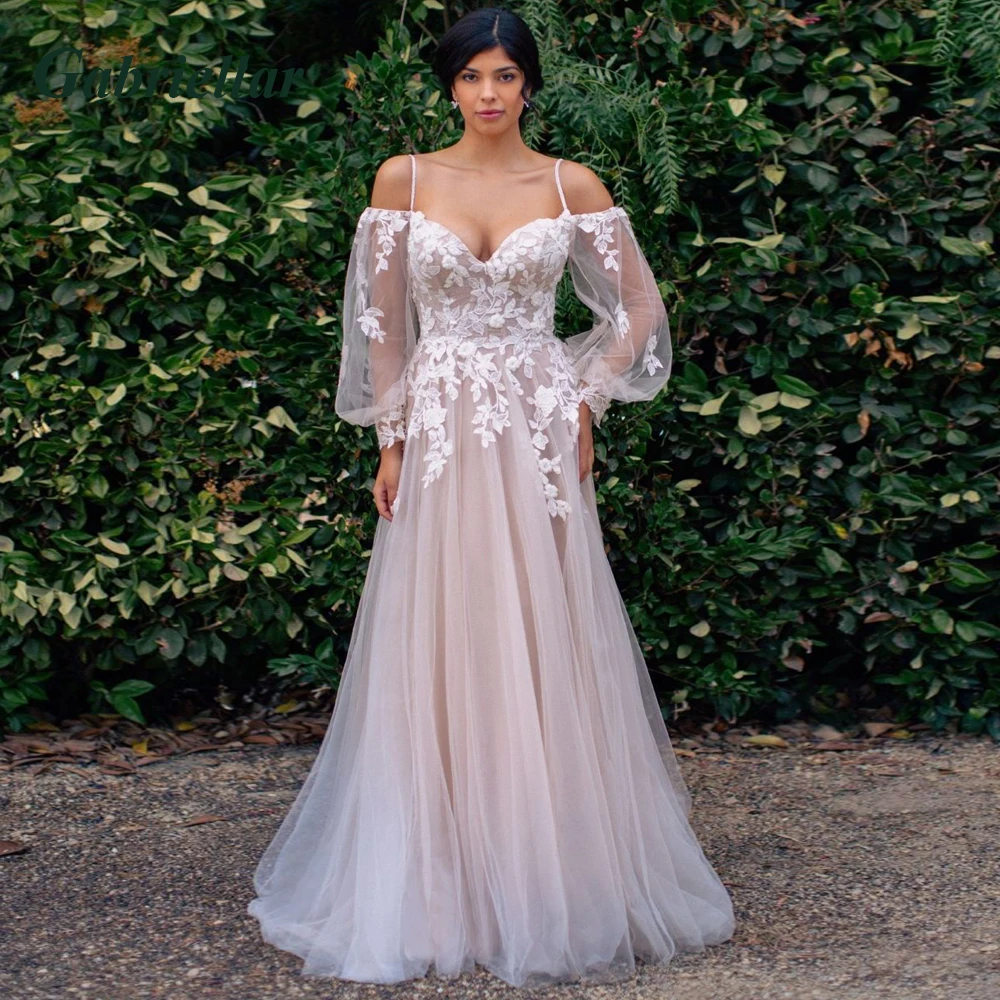 

Gabriellar Stylish Wedding Dress For Brides V-neck Spaghetti Straps Appliques Puff Sleeve Backless A-line Vestido De Noiva 2023