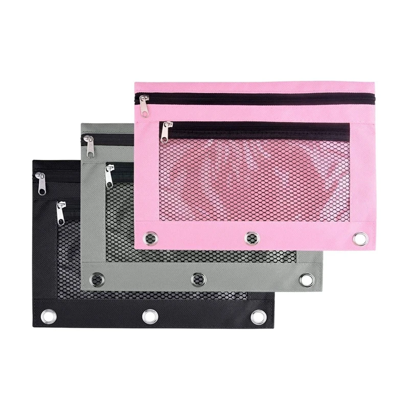 

3 Pcs 3 Ring Binder Pencil Pouches Zipper Pouch Double Pocket Pencil Bag Mesh Window Pencil Case For Students Stationery