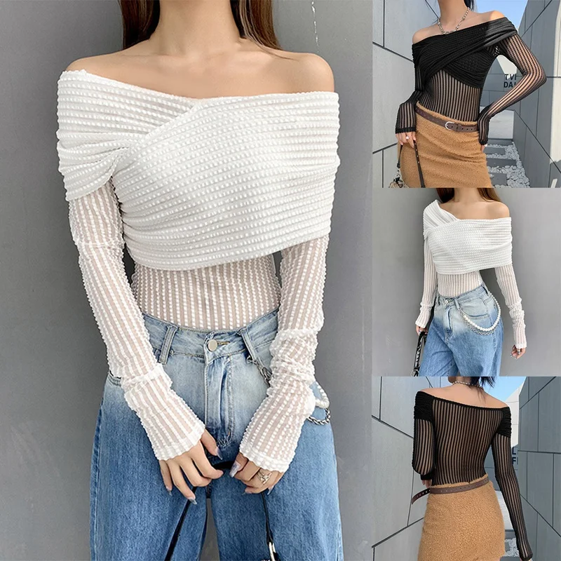 

ASDS-Autumn Style One Word Collar See-Through Bodysuit Women Fashion Sexy Long Sleeves Jumpsuit Women's Solid Color