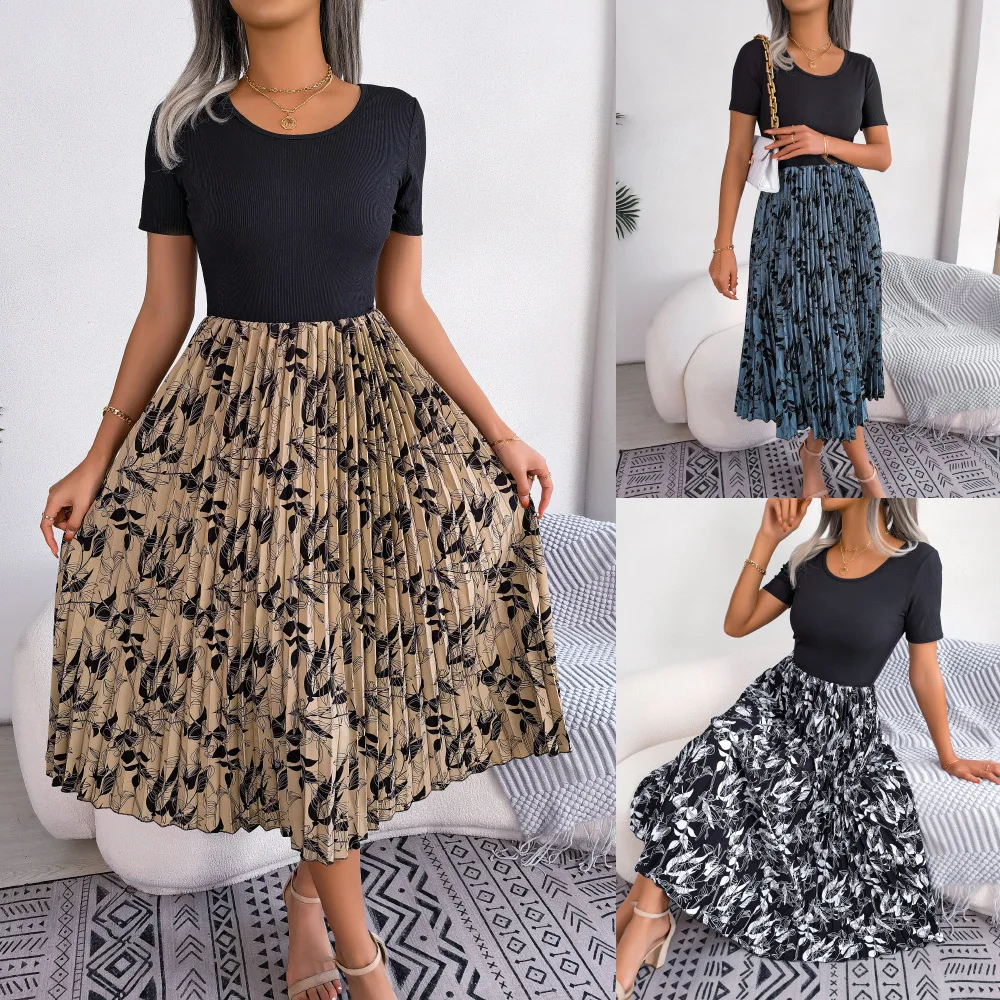

ins wind real spring and summer Europe and the United States casual leaf high waist pleated mid-length dress women's dress
