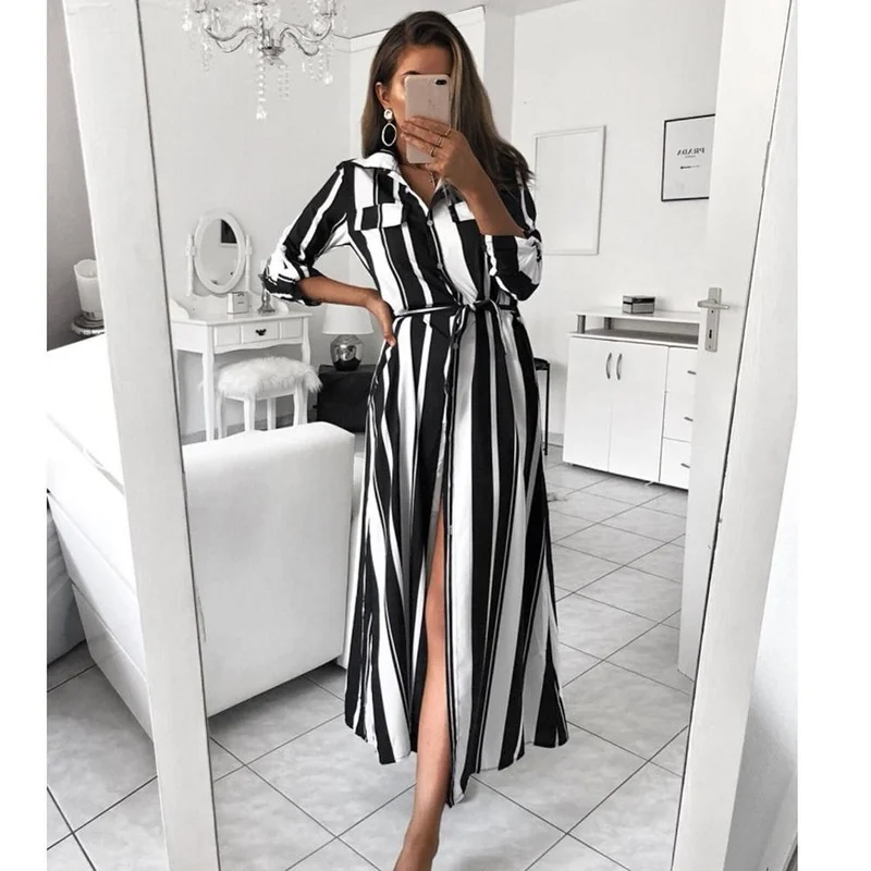 Купи Striped Long Maxi Button Shirt Dress Evening Party Long Sleeve Loose Beach Elegante Long Dresses Spring Summer Women Femme Robe за 709 рублей в магазине AliExpress