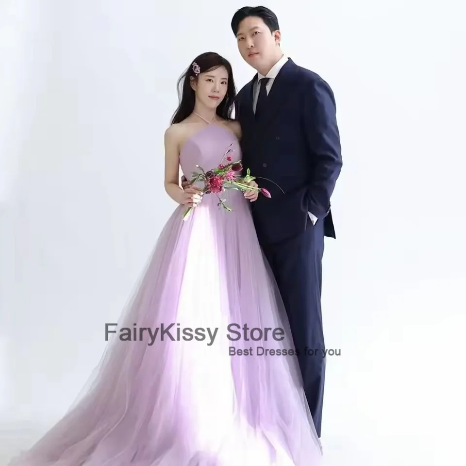 Фото FairyKissy Fairy Baby Фиолетовые свадебные платья трапециевидной формы с лямкой на шее длиной до пола, платье для выпускного вечера с оборками, корейские элегантные вечерние платья для фотосессии №3