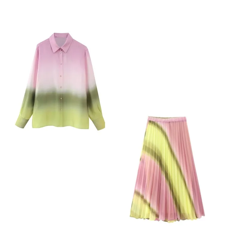 

Женский костюм из рубашки с принтом, розовая Свободная рубашка с принтом и завышенной талией, плиссированная юбка А-силуэта, весна 2023