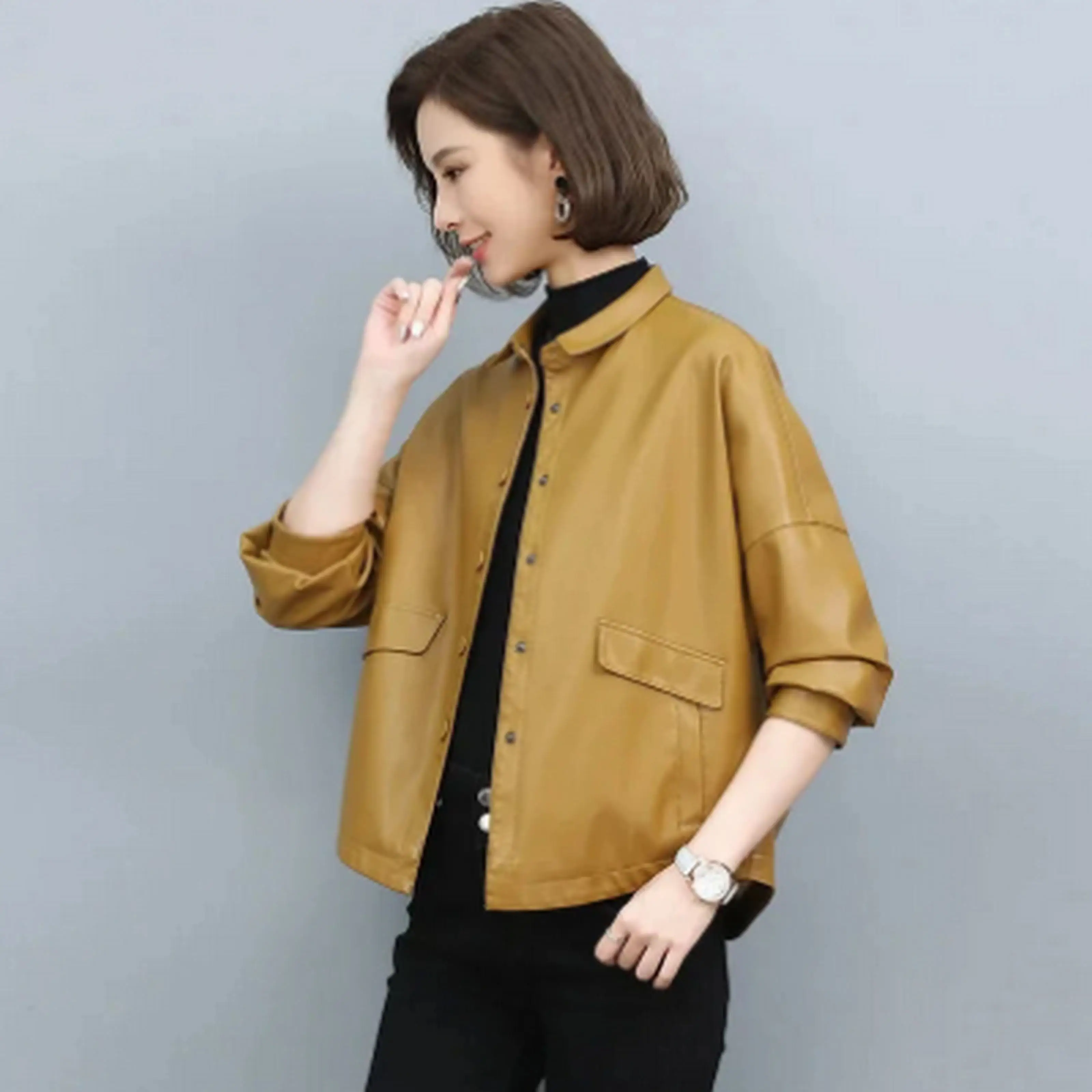 Short Leather Jacket Spring Autumn 2023 Korean Casual Loose Stand Collar Faux Leather Jacket Single Breasted Outerwear Womens