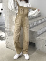 khaki denim jumpsuits contrast patchwork pockets streetwear cargo jeans woman vintage 90s casual straps overalls grunge