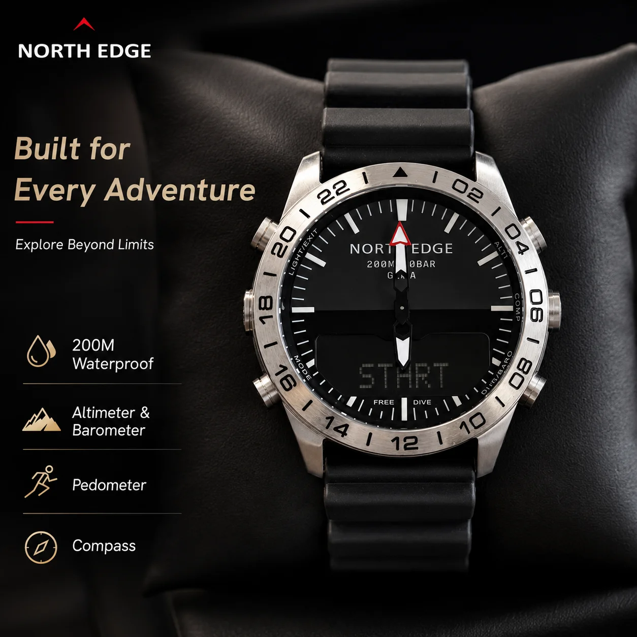Фото Мужские умные часы NORTH EDGE для занятий спортом на открытом воздухе, водонепроницаемые на 200 м, военные цифровые часы с компасом, барометром, шагомером, фитнес-трекером №1