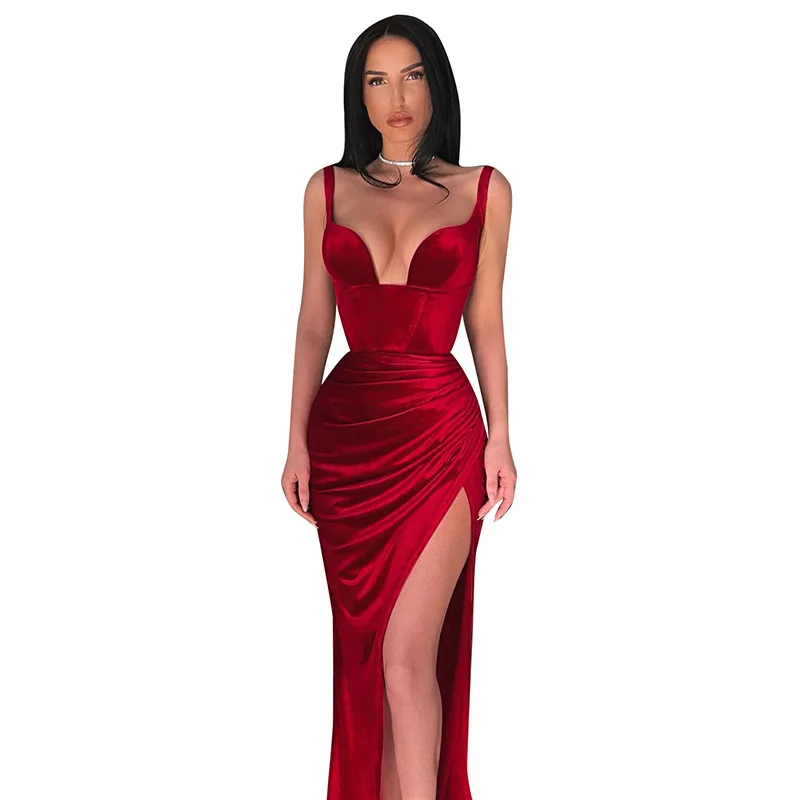 Women Velvet Prom Dress Ruched Sexy Y2K Clothes Sleeveless Backless Side Slit Bodycon Dress Club Party Evening Formal Dresses