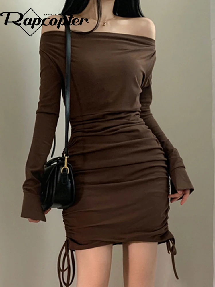 

Rapcopter Korean Ruched Drawstring Mini Dress Knitted Slash Neck Folds Slim Sexy Bodycon Dress Women Streetwear Night Clothes