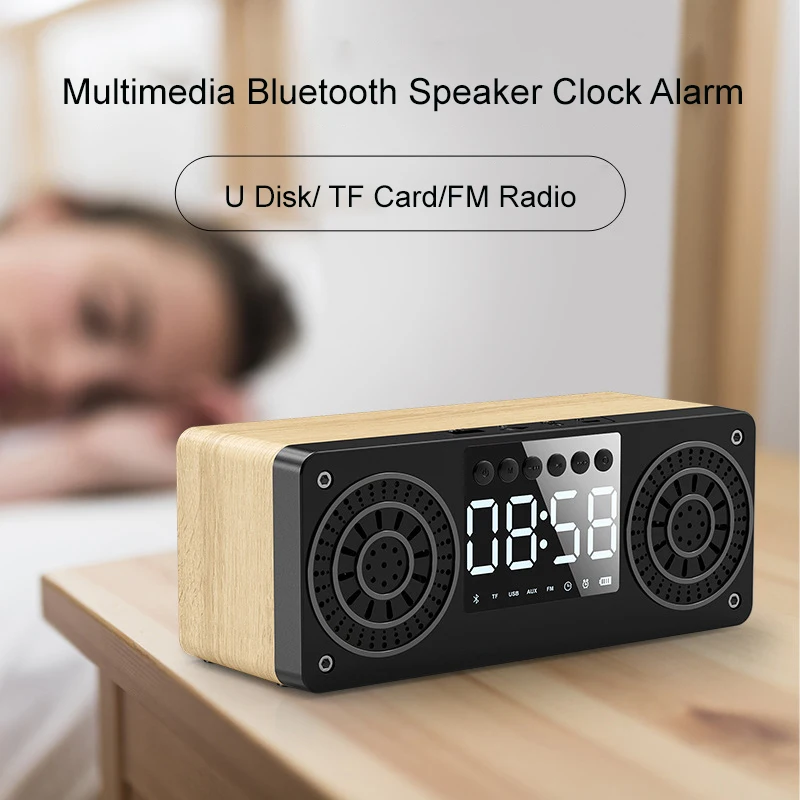 

LED Wooden Alarm Clock Digital Clock Bluetooth Speaker Clock Alarm Clock Plug U Disk TF Card Radio Multimedia Small Audio