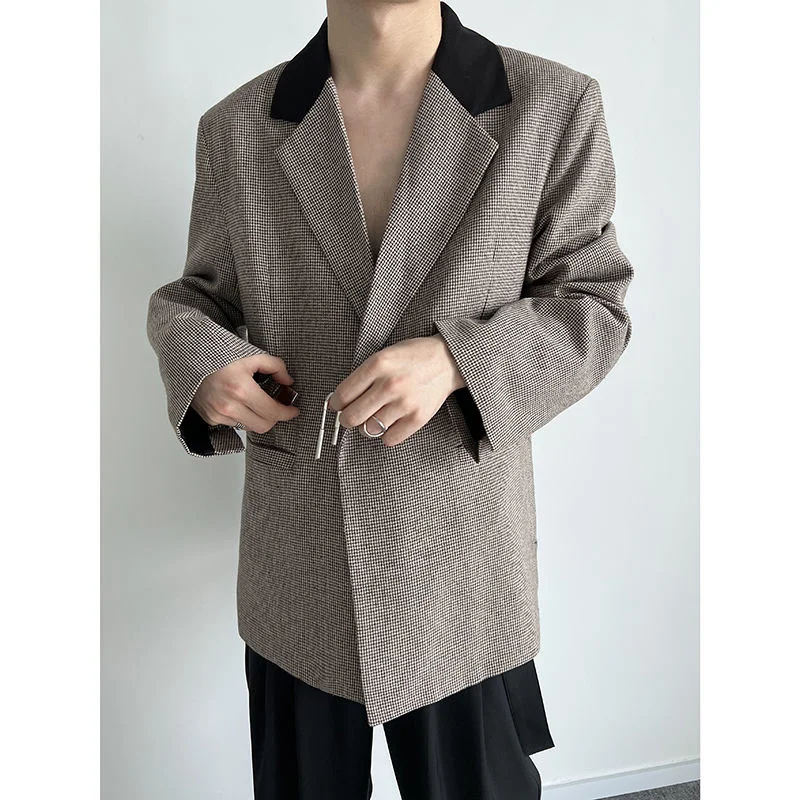 Autumn Camel/Black Plaid Blazer Men Fashion Society Mens Dress Jacket Korean Loose Business Casual Suit Jacket Men Formal Blazer