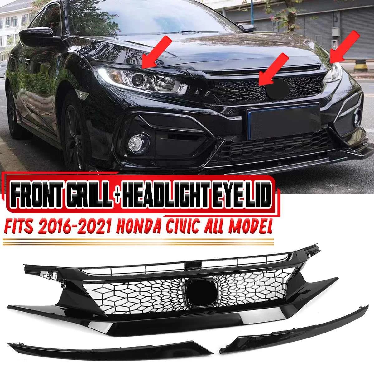 

Honeycomb Car Front Bumper Grille Grill + Eyelid Cover Light Eyebrow Lid Set For Honda For Civic 2016-2021 Front Racing Grill